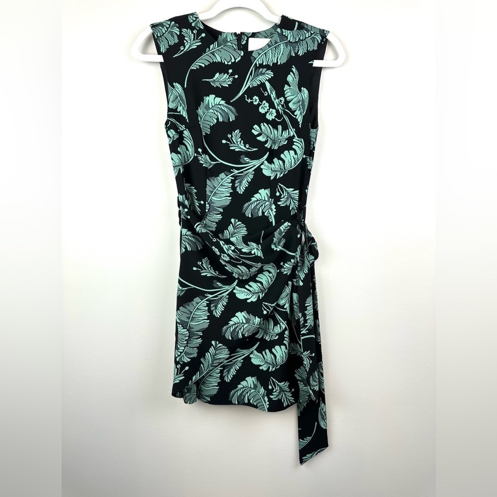 Cinq a Sept Bia Leaf Crewneck Tie-Side Palm-Print Mini Dress
